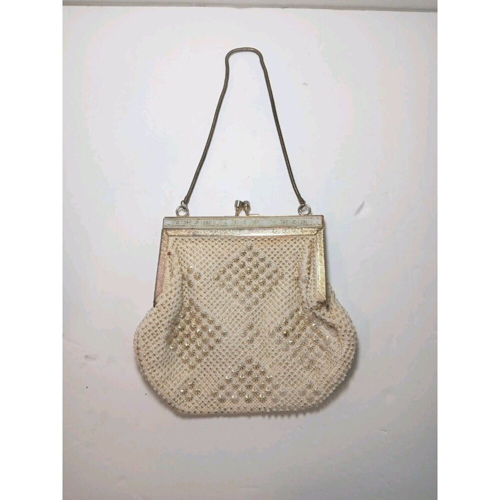 Vintage Beaded Cream Evening Bag Purse Clutch Fancy Formal 1960's Dressy